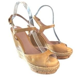 Gucci Shoe Size 9.5 Tan Patent Leather Espadrille Wedge Sandals Platforms Cork